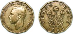 World Coins - Great Britain United Kingdom 1943 3 Pence - George VI (with 'IND:IMP') Nickel brass (79% Cu, 20% Zn, 1% Ni) Royal Mint (Tower Hill) (101702400) 6.8g XF KM 849 Sp 4112