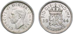 World Coins - Great Britain Kingdom 1944 6 Pence - George VI (1st coinage) Silver (.500) Royal Mint (Tower Hill) (37952600) 2.82g UNC KM 852 Sp 4084