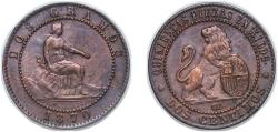 World Coins - Spain Provisional Government 1870 OM 2 Centimos - Provisional Government Bronze (95% copper, 4% tin, 1% zinc) Barcelona Mint (115869000) 1.96g AU KM 661 Cal 26