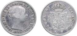World Coins - Spain Kingdom 1853 1 Real - Isabel II Silver (.900) Barcelona Mint 1.26g VF KM 598 Cal 397