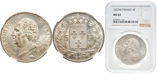 France Kingdom 1823 W 5 Francs - Louis XVIII (bare head) Silver
