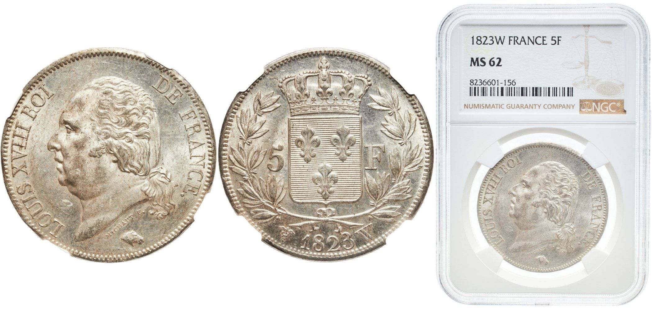 France Kingdom 1823 W 5 Francs - Louis XVIII (bare head) Silver