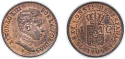 World Coins - Spain Kingdom 1906 *6 SLV 1 Centimo - Alfonso XIII (4th portrait) Bronze (7500000) 1g UNC KM 726 Cal 76