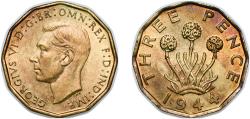 World Coins - Great Britain Kingdom 1944 3 Pence - George VI (with 'IND:IMP') Nickel brass (79% Cu, 20% Zn, 1% Ni) Royal Mint (Tower Hill) (69760000) 6.7g UNC KM 849 Sp 4112