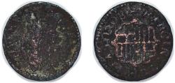 World Coins - Spain Principality of Catalonia Spanish states 1708 Denier - Charles III (pretender) Copper La Seca Mimt 0.63g VF Cal 51 KM PT3