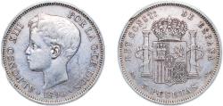 World Coins - Spain Kingdom 1896 *18-96 PGV 5 Pesetas - Alfonso XIII (3rd portrait) Silver (.900) Madrid Mint (4272000) 25g VF KM 707