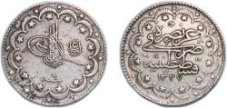 World Coins - Ottoman Empire AH1327 (1909) ٩ 10 Kurus - Mehmed V ("el-Ghazi" right of Toughra) Silver (.830) (299000) 11.66g  KM 772