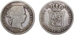 World Coins - Spain Kingdom 1865 40 Centimos de Escudo - Isabel II Silver (.810) Madrid Mint 5g VF KM628.2