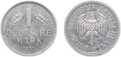 World Coins - Germany Federal Republic of Germany 1961 J 1 Deutsche Mark Copper-nickel Hamburgische Münze Mint (7483000) 5.5g AU KM 110 J 385 Schön 108