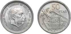 World Coins - Spain Nationalist Government 1957 *58 50 Pesetas - Francisco Franco Copper-nickel (75% copper, 25% nickel) Madrid Mint (21471000) 12.63g AU KM 788 Cal 17 Schön 36