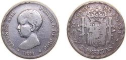 World Coins - Spain Kingdom 1889 MPM 2 Pesetas - Alfonso XIII (1st portrait) Silver (.835) Madrid Mint (559000) 10g VF KM692