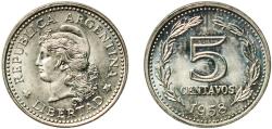 World Coins - Argentina Federal Republic 1958 5 Centavos Copper-nickel clad steel Buenos Aires Mint (13108018) 2.02g UNC  KM 53 CJ 271-273 Schön 53