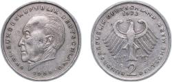 World Coins - Germany Federal Republic of Germany 1972 G 2 Deutsche Mark (Konrad Adenauer) Copper-nickel clad nickel (Cladding: 75% Copper, 25% Nickel; Core: 100% Nickel) Staatliche Münze Baden