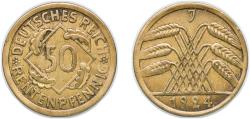 World Coins - Germany Germany - 1871-1948 Weimar Republic 1924 J 50 Rentenpfennig Aluminium bronze Hamburgische Münze Mint (17779252) 5.17g XF KM 34 AKS 38 J 310 Schön DM 33