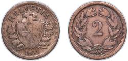 World Coins - Switzerland 1851 A 2 Rappen (Wreath; bronze; light type) Bronze (95% copper, 4% tin, 1% zinc) Paris Mint (3720000) 2.43g VF HMZ 2 1213 Divo/Tob19 323 KM 4 Schön 16 Y 19