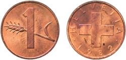 World Coins - Switzerland Federal State 1982 1 Rappen (wheat spike) Bronze (95% copper, 4% tin, 1% zinc) Bern Mint (6665000) 1.49g UNC  HMZ 2 1216 Divo/Tob19 328 KM 46 Schön 41 Y 54