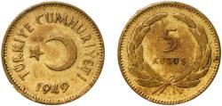 World Coins - Turkey Republic 1949 5 Kuruş Brass (70% Copper, 30% Zinc) Turkish State Mint (4500000) 2.23g XF  KM 887 Schön 399