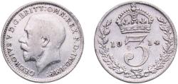 World Coins - Great Britain United Kingdom 1914 3 Pence - George V (1st issue; incl. Maundy) Silver (.925) Royal Mint (Tower Hill) (6733500) 1.37g XF  KM 813 Sp 4015 Sp 4018 Schön 17