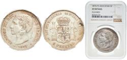World Coins - Spain Kingdom 1875 DEM 5 Pesetas - Alfonso XII (1st portrait;legend in edge) Silver (.900) Madrid Mint (8641000) 25g NGC XF Cal 25