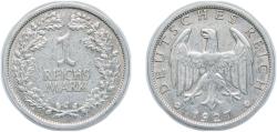 World Coins - Germany Germany - 1871-1948 Weimar Republic 1927 J 1 Reichsmark Silver (.500) Hamburgische Münze Mint (2451000) 5g XF KM 44 AKS 35 J 319 Schön DM 43