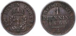 World Coins - Germany Kingdom of Prussia German states 1865 A 1 Pfenning - William I Copper Berlin Mint 1.5g XF AKS 108 Old/Mue 2 426, 429, 433 KM 480 Kahnt/Schön 84 Neum 19