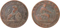 World Coins - Spain Provisional Government 1870 OM 10 Centimos - Provisional Government Bronze (95% copper, 4% tin, 1% zinc) Barcelona Mint (170088000) 10.24g VF  KM 663 Aureo 9 Cal 24