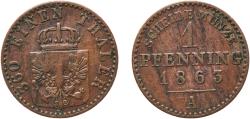 World Coins - Germany Kingdom of Prussia German states 1863 A 1 Pfenning - Wilhelm I Copper Berlin Mint 1.41g XF  AKS 108 Old/Mue 2 426, 429, 433 KM 480 Kahnt/Schön 84 Neum 19