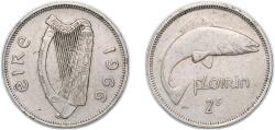 World Coins - Ireland Republic 1966 2 Shillings / 1 Florin Copper-nickel Royal Mint (Tower Hill) (3625000) 11.24g XF KM 15a Sp 6639