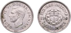 World Coins - Great Britain United Kingdom Kingdom 1938 3 Pence - George VI (incl. Colonial) Silver (.500) Royal Mint (Tower Hill) (6402400) 1.41g AU  KM 848 Sp 4085