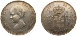World Coins - Spain Kingdom 1890 *18-90 PGM 5 Pesetas - Alfonso XIII (1st portrait) Silver (.900) Madrid Mint (3000000) 25g AU KM 689