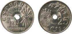 World Coins - Spain Nationalist Government 1937 25 Centimos Copper-nickel (75% copper, 25% nickel) Vienna Mint 7.07g UNC Cal 124