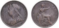World Coins - Great Britain United Kingdom 1899 1 Penny - Victoria (3rd portrait) Bronze (26441000) 9.57g XF KM 790 Sp 3961