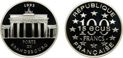 World Coins - France Fifth Republic 1993 100 Francs / 15 ECUs (Brandenburg Gate) Silver (.900) Paris Mint (20000) 22.23g PF  KM 1032