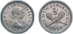 World Coins - New Zealand 1964 3 Pence - Elizabeth II (1st portrait) Copper-nickel Royal Mint (Tower Hill) (6400000) 1.43g UNC KM 25.1 KM 25.2