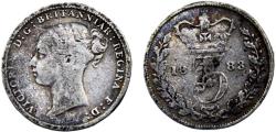 World Coins - Great Britain United Kingdom Victoria 1883 3 Pence 1st portrait, "Young Head", Coinage initially struck for circulation in the West Indies, domestic issues began in 1845