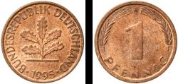 World Coins - Germany Federal Republic 1995 A 1 Pfennig Copper clad iron (90% Iron, 10% Copper) (100000000) 1.99g AU  KM 105 J 380 Schön 103