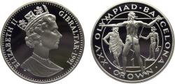 World Coins - Gibraltar British colony Elizabeth II 1991 PM 1 Crown Barcelona Summer Olympic Games 1992, Javelin Thrower