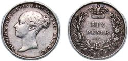 World Coins - Great Britain Kingdom 1851 6 Pence - Victoria (1st portrait; 1st type) Silver (.925) (2288100) 2.8g VF KM 733 Sp 3908 Sp 3909