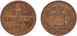 World Coins - Germany Kingdom of Bavaria German states 1853 ½ Kreuzer - Maximilian II Copper Munich Mint 2.38g XF  AKS 158 Jaeg 5 Bay 80 KM 843 Wittelsbach 2888