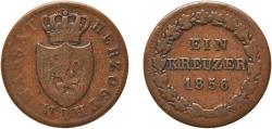 World Coins - Germany Duchy of Nassau German states 1856 1 Kreuzer - Adolph Copper Wiesbaden Mint (356500) 3.19g VF  AKS 71 Jaeg 7 NW 37 KM 67 Kahnt/Schön 59