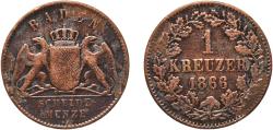 World Coins - Germany Grand Duchy of Baden German states 1866 1 Kreuzer - Friedrich I Copper Staatliche Münze Baden-Württemberg Mint (732410) 4.05g VF  KM 242 Jaeg 2 AB 81 AKS 132