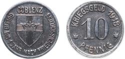 World Coins - Germany City of Koblenz 1918 10 Pfennig - Coblenz Iron (3200000) 2.9g XF Funck 80.1A Men05 4526.1 Men18 5727.1