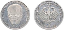 World Coins - Germany Federal Republic of Germany 1999 F 2 Deutsche Mark (Willy Brandt) Copper-nickel clad nickel Staatliche Münze Baden-Württemberg Mint (70000) 7g UNC KM 183 J 459 Schön 182