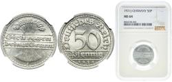 World Coins - Germany Weimar Republic 1921 J 50 Pfennig Aluminium Hamburgische Münze (28012859) 1.65g NGC MS 64  KM 27 AKS 37 J 301 Schön 24