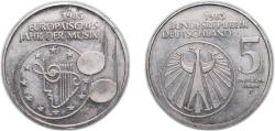 World Coins - Germany Federal Republic of Germany 1985 F 5 Deutsche Mark (European Year of Music) Copper-nickel clad nickel Stuttgart Mint (8000000) 10g UNC KM 162 J 437 Schön 161