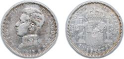 World Coins - Spain Kingdom 1905 *19-05 SMV 1 Peseta - Alfonso XIII (4th portrait) Silver (.835) (492000) 5g VF KM 721 Cal 49
