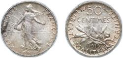 World Coins - France 1919 50 Centimes Silver (.835) (24298732) 2.5g UNC F 190 Gad 420 KM 854 Schön 186