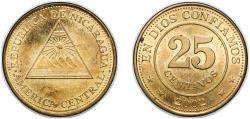 World Coins - Nicaragua Republic 2002 25 Centavos Brass plated steel Royal Mint (Tower Hill) 5.1g UNC KM 99 Schön 96