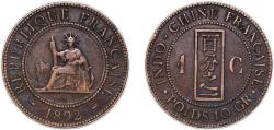 World Coins - French Indochina French colony 1892 A 1 Cent Silver plated bronze Monnaie de Paris 10g VF Lec 42a PCGS 651251
