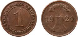World Coins - Germany Weimar Republic 1924 E 1 Rentenpfennig Bronze Muldenhütten Mint (6838000) 1.87g XF  KM 30 AKS 56 J 306 Schön 29